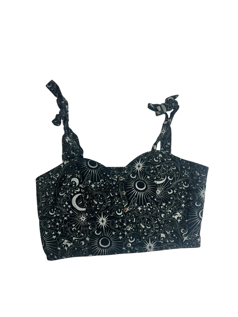 Celestial Print Tie-Shoulder Crop Top - Black/White